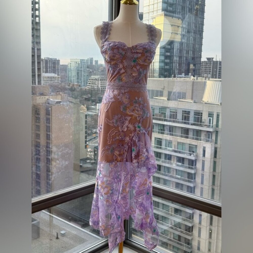 🆕 BRONX & BANCO 🧿 NWOT Eva Embroidered High-Low Midi Dress, Purple Sz XS US 2 - Picture 9 of 15